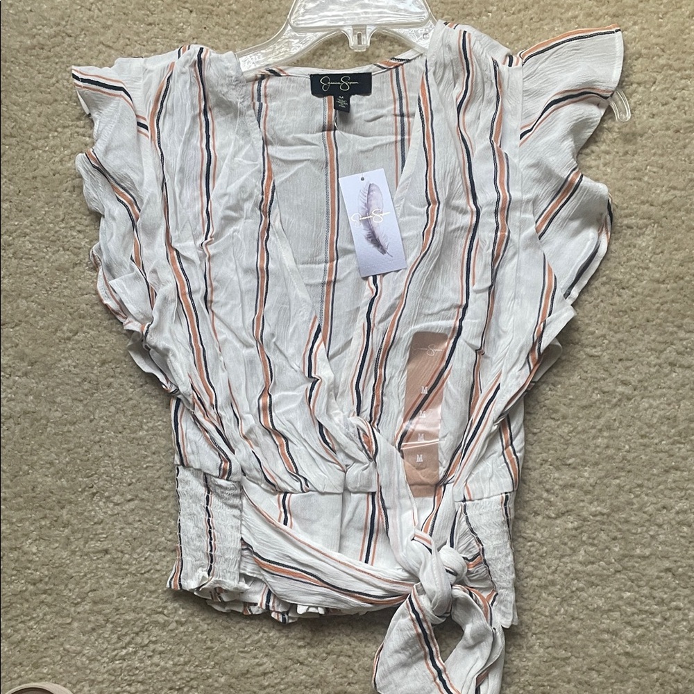 Jessica Simpson Cream and Tan Striped Ruffle Blouse